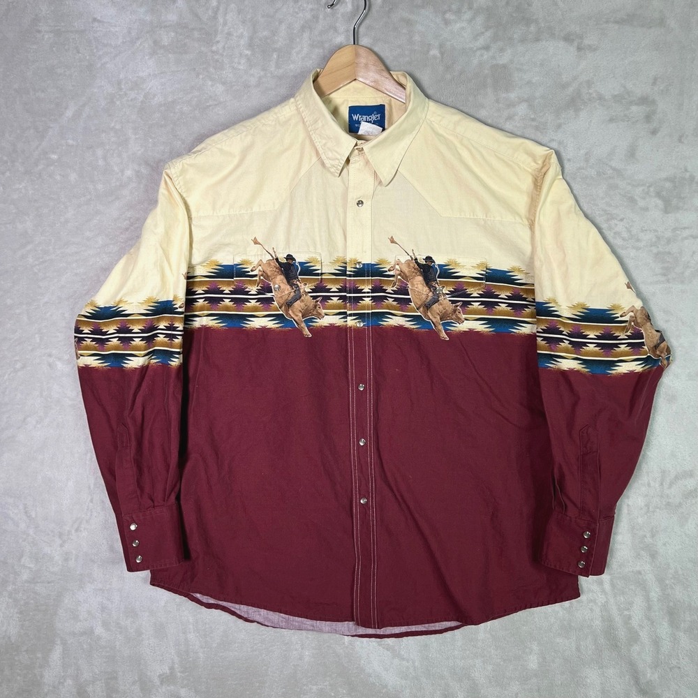 Vtg Wrangler Button Shirt Sz XXL Bull Riding Western Cowboy Rodeo Pearl Snap